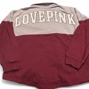 “LOVE PINK” grey and burgundy quarter zip pull over. Size Medium